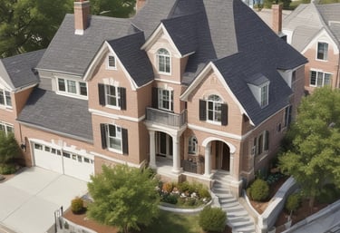 The aerial view captures a densely packed urban area with various multi-story buildings. The architecture includes both residential and commercial structures with flat rooftops. Some rooftops have solar panels, and one prominently features an 'e-tax' logo. The scene is dominated by concrete and asphalt but is interspersed with patches of greenery.