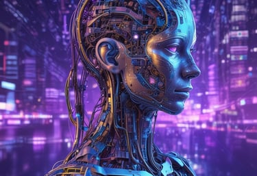 A futuristic and digital-themed image features a stylized circuit board with the words 'Open AI' in bold, glowing letters. Above it is a design that resembles an AI or robot face with neon accents. The background consists of a network of interconnected blue lines and nodes, suggesting themes of technology and connectivity.