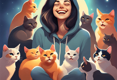 Eine dunkelhaarige Frau, in einem Hoodie umgeben von einer Vielzahl an Katzen