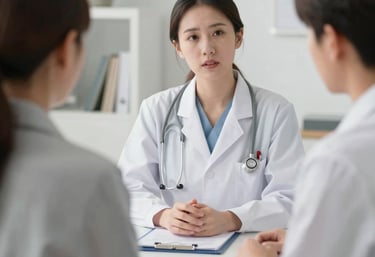 A female doctor in a white lab coat with a stethoscope talking to a couple during a medical consultation.