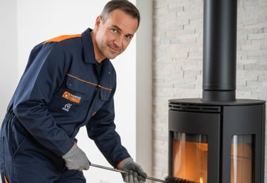 Ramoneur certifié COSTIC de Ramonage Direct intervenant sur un poêle à bois moderne.
