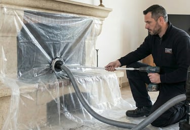 Technicien Ramonage Direct réalisant un ramonage rotatif propre avec protection étanche du foyer