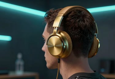 Artistic photography of a person wearing sleek metallic gold headphones in a dark room with neon cyan ambient lighting.