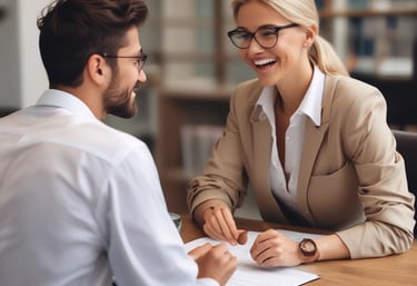 A warm and welcoming office space with a friendly support worker assisting a client.