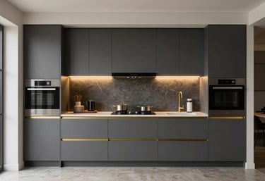 A sleek, finished modern modular kitchen project in a South Asian luxury apartment, showcasing charcoal cabinets and gold lighting.