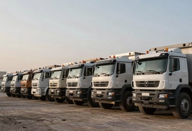 A fleet of heavy machinery trucks parked neatly at an industrial site in a Middle Eastern / Omani landscape, symbolizing strength and readiness.