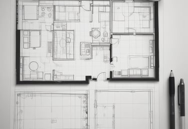 a drawing of a house plan with a pencil and a pen