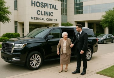 Chauffeur assisting elderly woman from black SUV at medical center for scheduled doctor visit in Houston.