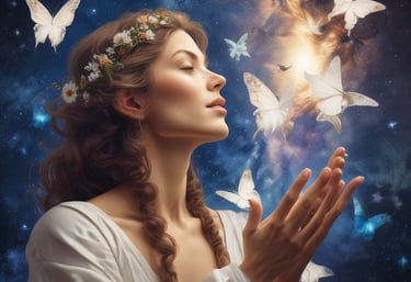 A spiritual altar is set up outdoors on a fluffy white surface with various crystals, a wooden board spelled 'ENERGIES' with wooden letters, tarot or oracle cards, a candle, and a bowl of pink Himalayan salt. Green foliage surrounds the setup, creating a serene and natural backdrop.