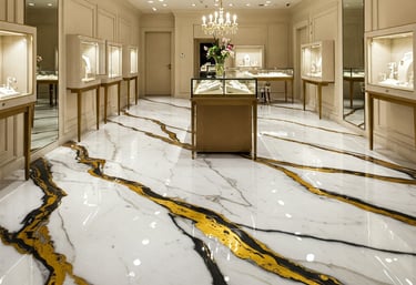 Luxury jewelry store with glossy white marble floor, featuring dramatic gold and black veins