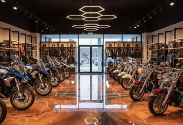 "Motorcycle showroom with reflective metallic epoxy flooring in marbled brown and orange tones.