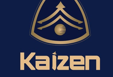 Gold Kaizen Construccion logo with a stylized roof emblem on a dark blue background.