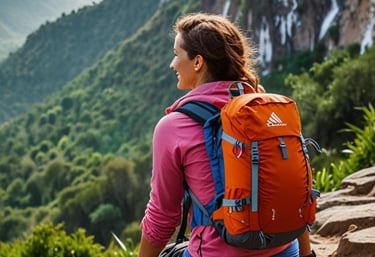 a woman sitting on a rock with a backpack on her back