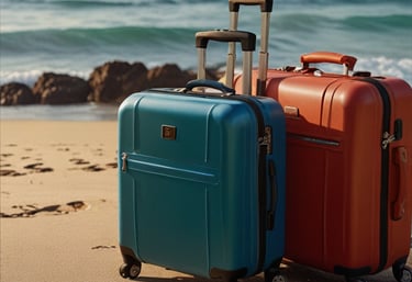two suitcases sitting on the sand at the beach