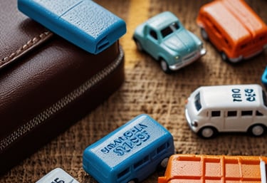 a bunch of toy cars and a wallet