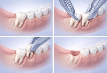Illustration showing step-by-step wisdom tooth extraction procedure
