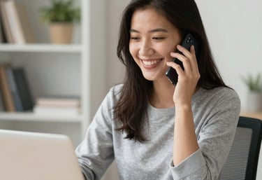A person is typing on a silver laptop with a screen displaying text about designing digital solutions for big customers. Nearby, there is a black smartphone and white earphones placed on the desk. The person's sleeves are light blue, suggesting a casual attire.