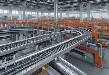 The image features a piece of industrial equipment, specifically a conveyor belt system with an angled section for transporting items. It includes a motorized control unit and support structure with metal components.