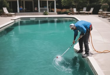 A wheeled cart with a pool cleaning device is parked next to an outdoor swimming pool. The cart holds various cleaning supplies and hoses. The pool is surrounded by a stone-tiled deck and overlooks a body of water with trees and houses in the background.