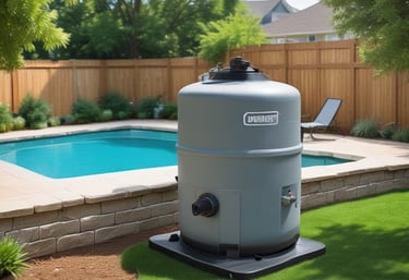 A swimming pool area featuring a blue pool cover rolled onto a metal frame at the edge of the pool. The deck is made of wooden planks, and there is a black fence with trees visible in the background. The area appears clean and well-maintained, with the cover neatly aligned along the pool's edge.