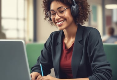 A cozy study space with books and a laptop showing AI travel academy content.