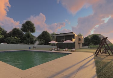 Modern luxury villa with a swimming pool, lounge chairs, and garden at sunset.