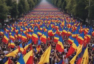 A group of people wearing masks, with some raising their fists in the air. They appear to be at a public gathering or protest. The sky is overcast, adding a dramatic effect to the scene. One person holds a sign supporting a political figure.