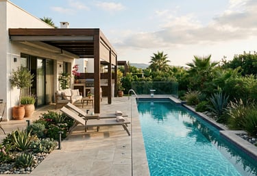 Luxury modern villa with a long swimming pool, wooden pergola, and lounge chairs surrounded by tropical gardens.