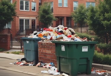A blue dumpster with weathered paint and the words 'Fatin Soe Lixo' is situated on a street adjacent to a parked vehicle labeled 'HW Lifestyle.' The setting includes lush green trees providing shade over the street, while a pedestrian area with benches is visible in the background.