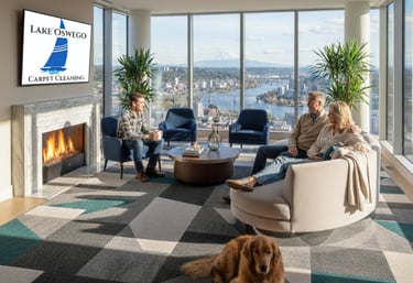Carpet tile example with Lake Oswego Carpet Cleaning logo on the TV screen