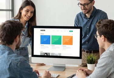 A diverse team collaborating on a project in a modern office environment.