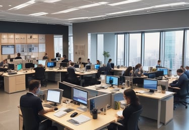 A professional team discussing intellectual property strategies in a modern office setting.