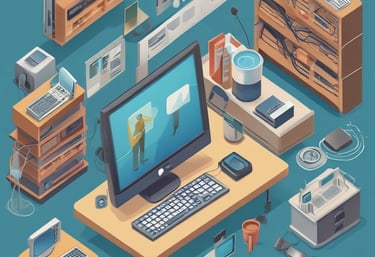 A team of professionals collaborating around a laptop in a modern office environment.