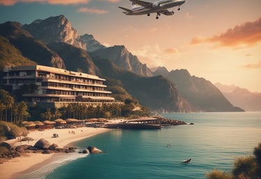 A scenic view of a tropical beach with clear blue waters and palm trees.