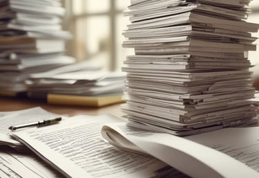 A professional setting with a notary public reviewing documents in an office.