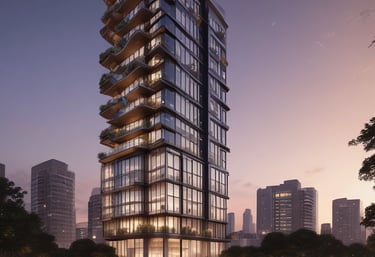 A luxurious multi-story residential building with ,The architecture is elegant with arched windows and a light color palette.