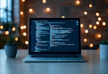 Laptop in calming setting with code depicted on laptop screen.