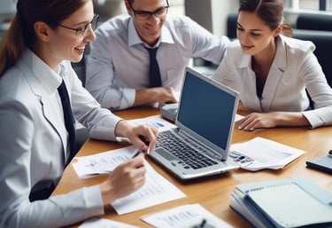 A person is typing on a keyboard in front of a computer screen displaying code or a programming interface. The environment suggests a focused and professional atmosphere.