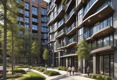 A spacious outdoor shopping area with elegant architecture and green landscaping. People stroll along a paved walkway flanked by trees and outdoor seating areas, with commercial buildings visible in the background.
