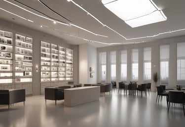 A long hallway with white walls and a black ceiling