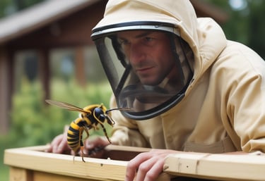 A series of beehives made of wood and metal are shown with numerous bees flying in and out. The hives are positioned above lush greenery and wildflowers, indicating a vibrant outdoor setting. Sunlight illuminates the scene, creating a lively and busy atmosphere around the hives.