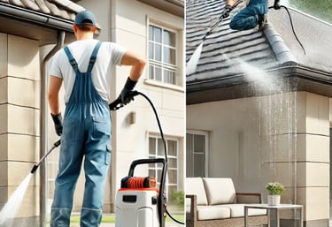 Professionnel nettoyant une façade, un toit et une terrasse avec un nettoyeur haute pression.