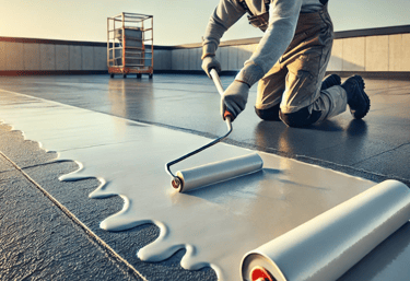 Professionnel appliquant un traitement d'étanchéité sur un toit plat avec un rouleau.