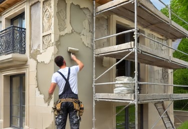 Professionnel réalisant un ravalement de façade en appliquant une nouvelle couche sur un mur