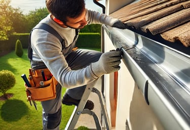 Professionnel réparant une gouttière en ajustant une section sur une échelle le long du toit.
