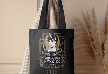 Custom chic black and gold tote bag, art deco style with quote "You have witchcraft in your lips".