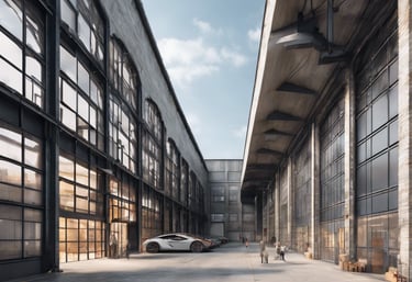 A brick building with a sign for the Department of Mechanical Engineering is situated in an open area. There is a white car parked in front of the building. The structure has multiple windows and a covered entrance. Power lines and a pole are visible on the right, with some trees in the background. The sky is clear with few clouds, indicating sunny weather.