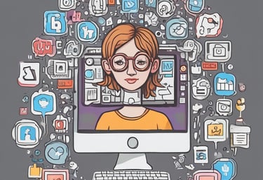 A smartphone displays a variety of app icons against a warm gradient background. The apps include Facebook, Uber Eats, Analytics, and others. In the background, a computer keyboard is visible on the desk.