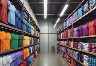 Close-up of colorful custom t-shirts displayed neatly on a table.