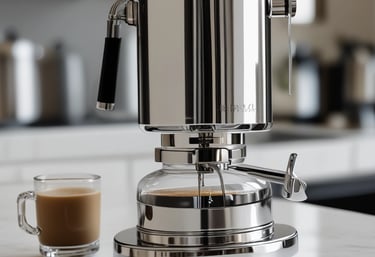 a coffee maker with a cup of coffee in a kitchen